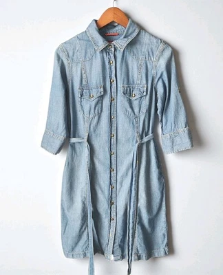 Camisa de vestir Merona Chambray Denim para mujer S con cinturón abotonada mini lengüeta enrollable de algodón Foto 1 de 4