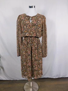 Abito donna Lark + grigio piccolo nero floreale manica lunga midi buco della serratura cravatta boho - Foto 1 di 11