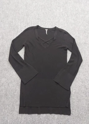 Free People Sweater Dress Medium Black Criss Cross Front Hi Lo Long Sleeve LBD - Image 1 of 4
