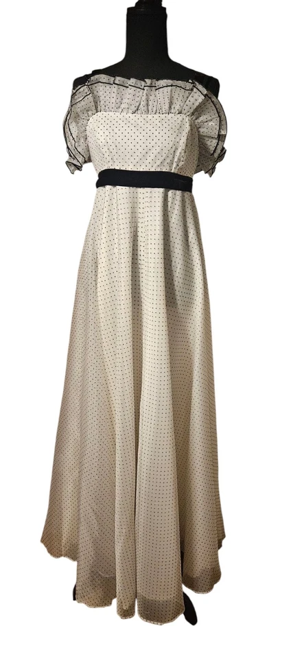 Vintage Black And White Swiss Dot Maxi Empire Dress By Denise L Mkd Sz 11 - Image 1 of 4