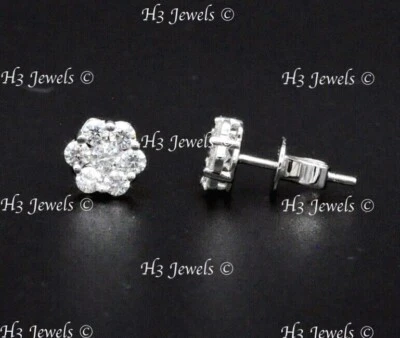 14k solid White gold diamond  stud earring  cluster 0.85 ct  VS Quality  - Image 1 of 4