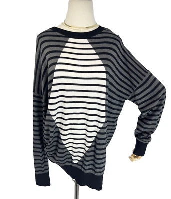 Planet by Lauren G Sweater Womens OSFM Black White Striped Long Sleeve Crew Neck - Image 1 of 4