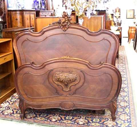 French Antique Carved Walnut Louis XV Full Size Bed w. Rails | Bedroom Furniture Cover