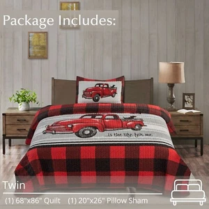 Virah Bella - Farm Life Red and Black Plaid - Lightweight Reversible Quilt Set - Picture 1 of 8