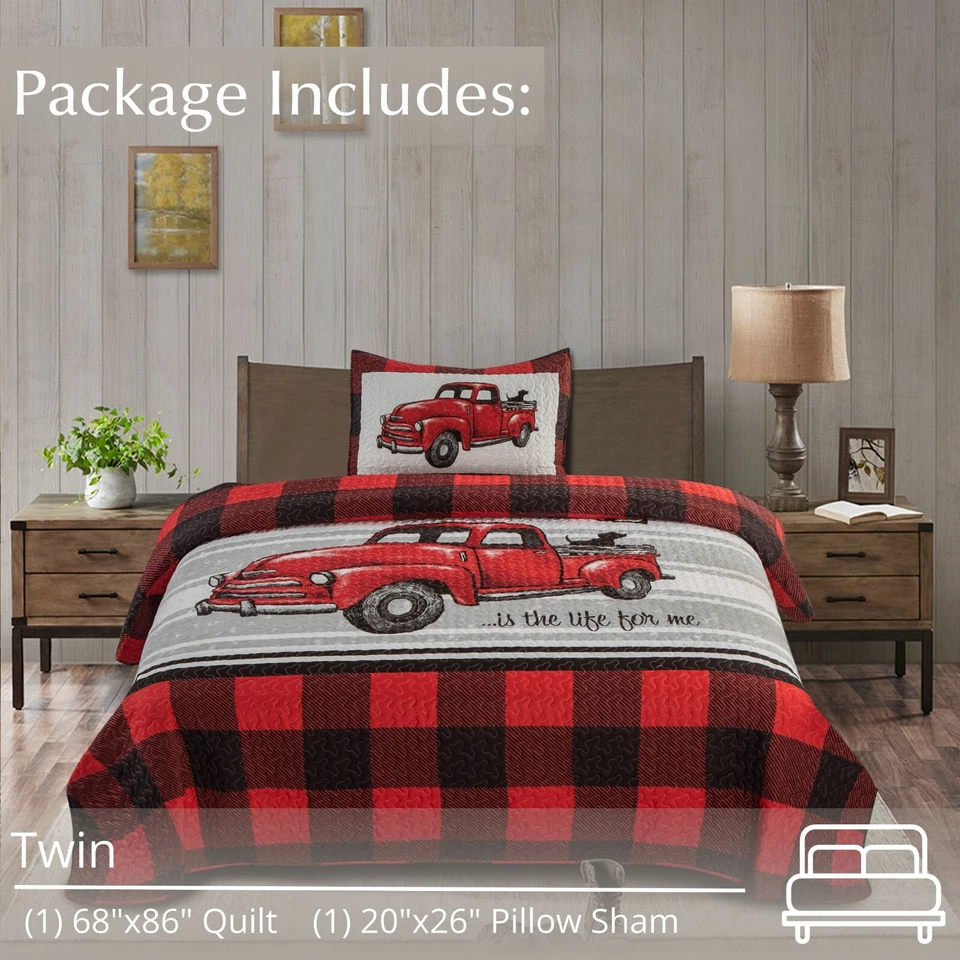 Virah Bella - Farm Life Red and Black Plaid - Lightweight Reversible Quilt Set - Image 1 of 4