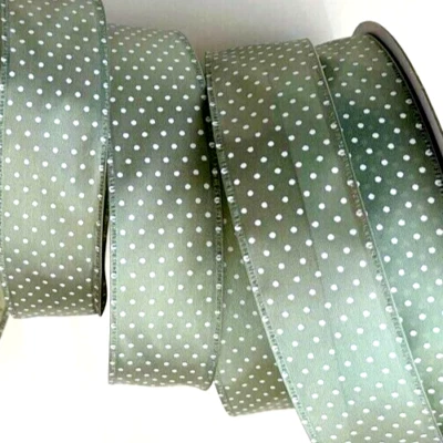 Verde salvia 1,5" x 5 yardas cinta satinada con cable blanco punto suizo arcos coronas artesanales Foto 1 de 4