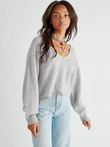 FREE PEOPLE Elias Cashmere V-Neck Sweater - Light Grey SMALL RRP$148 - Picture 1 of 16