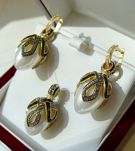 SALE ! SUPERB ENAMEL EGG PENDANT & EARRINGS SET SILVER 925 with GENUINE PEARL - Picture 1 of 1