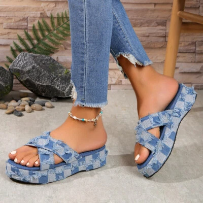 Sandalias de plataforma de mezclilla retro para mujer con punta abierta informales planas cómodas Foto 1 de 4