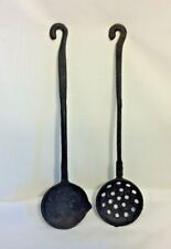 Vintage Black Wrought Cast Iron Slotted Spoon Smelting Ladle Set 11