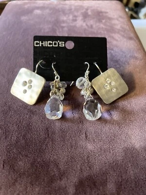 全新带标签 2 Pr Chico’s 银色水晶穿孔耳环吊坠 — 第 1/3 张图片