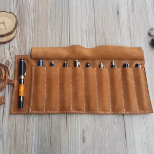 Borsa a penna arrotolata vintage in vera pelle fatta a mano 9 slot custodia a matita spazzola - Foto 1 di 12