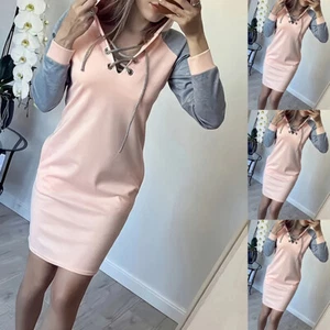 Women Hooded V-Neck Short Dress Long Sleeve Loose Hoodie Pullover Jumper Dress - Picture 1 of 8