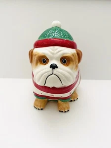 NUOVO! Sleigh Bell Bistro Christmas Bulldog trattamento biscotti barattolo cane con cappello statuetta - Foto 1 di 6