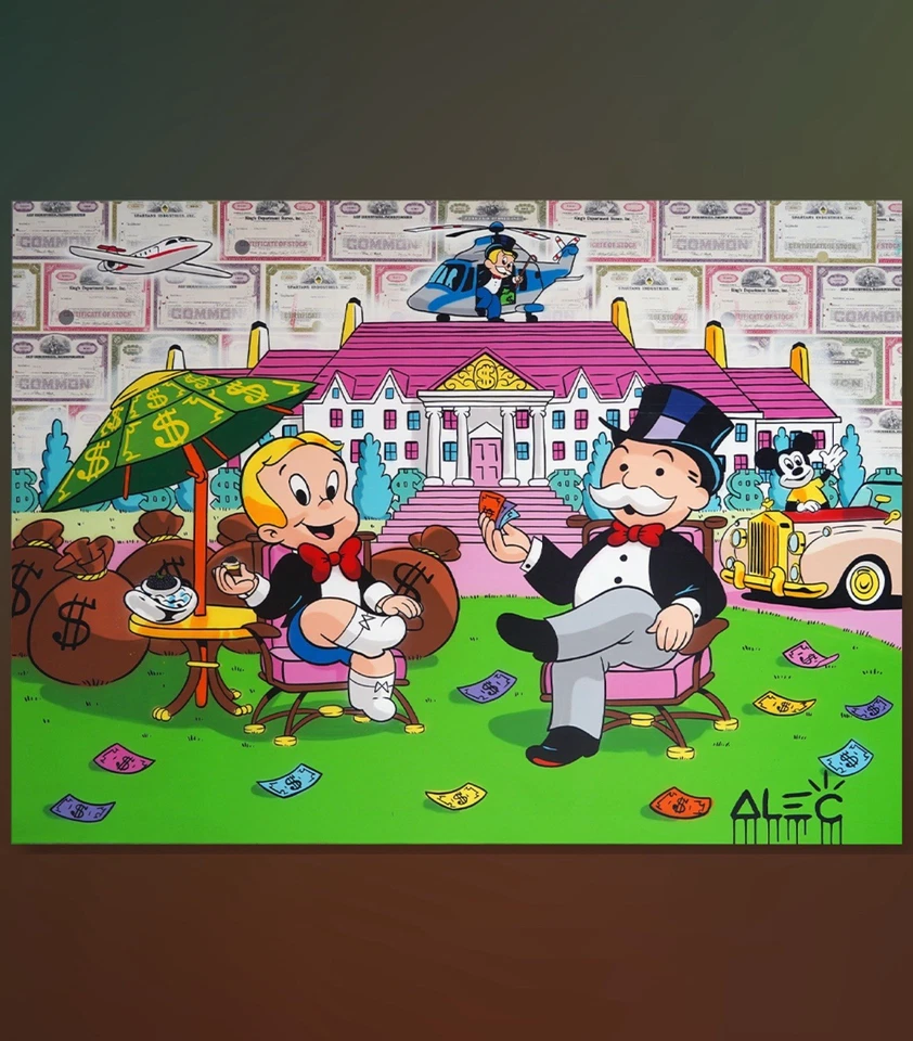 Alec Monopoly And Richie Lawn Chairs Out From $ Mansion Print On Canvas 24x36” - Image 1 of 1