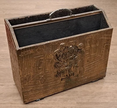 Porta riviste camino vintage ottone legno goffrato porta giornali - Immagine 1 di 4