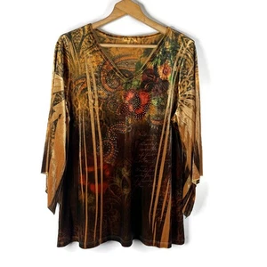 Top túnica Dressbarn para mujer talla 2X marrón terciopelo floral tachonado cuello en V manga 3/4 - Imagen 1 de 10