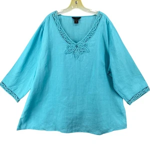 Silkwand Woman Shirt Sz 3X Linen Blouse Aqua Blue V Neck Crochet Trim 3/4 Sleeve - Picture 1 of 12