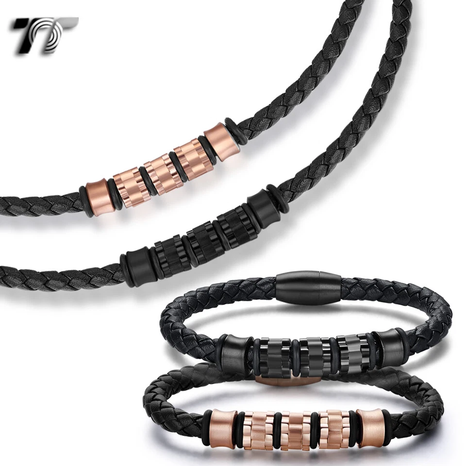 Collar + Pulsera TT Cuero Negro/Oro Rosa Acero Imán Hebilla Collar Foto 1 de 1