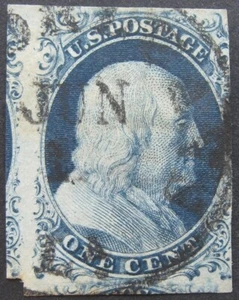 EE. UU. 1851-57 1c Franklin #7 con márgenes Jumbo y fecha de cancelación cat. $140 - Imagen 1 de 3