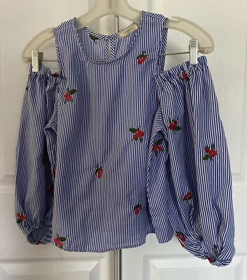 SOPRANO Niñas Blusa Top Juvenil L/14 Azul Blanco Rayas Flor Floral Camisa Elegante Foto 1 de 4