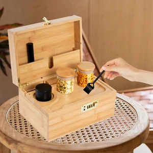 Bamboo Stash Box with Combination Lock Smell Proof Organizer Set w/ Movable Tray - Picture 1 of 16