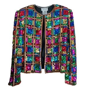 Giacca vintage Papell Boutique sera seta paillettes a quadri oro rosa taglia L - Foto 1 di 6