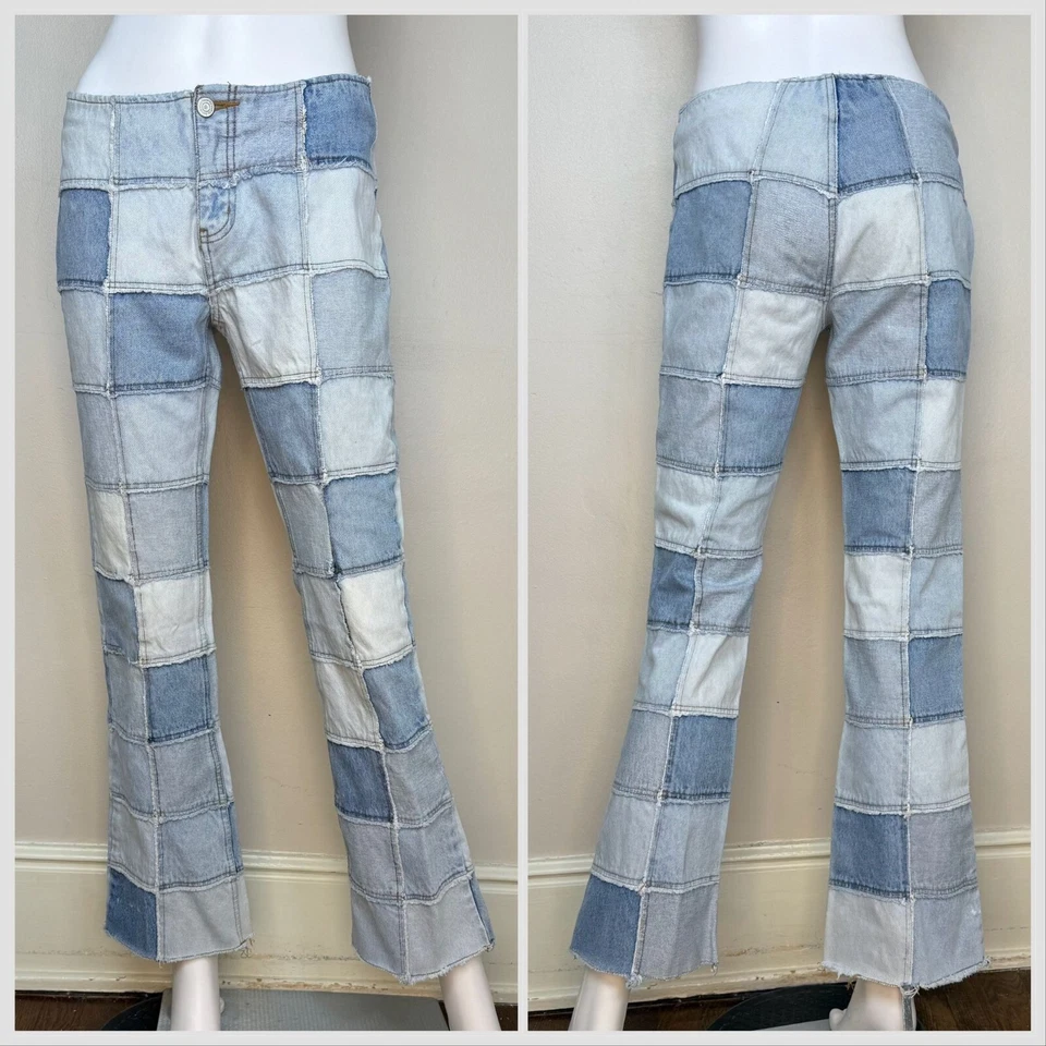 Jeans vintage Y2K jeans patchwork azul sem limites cintura baixa perna alargada anos 90 anos 2000 - Imagem 1 de 4