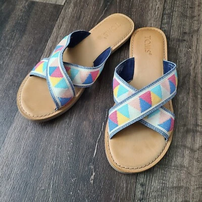 Toms Womens Viv Slide Sandals Size 7.5 Multi Color Triangle Woven Straps Flats - Image 1 of 4