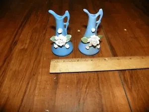 Vintage Pair of Miniature Ceramic Pitchers, Blue w/ White Rose - Made in Japan - Picture 1 of 4