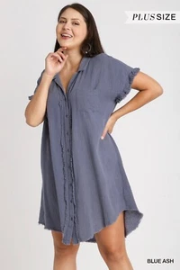 Umgee Plus Gauze Blue Ash Button Up Dress Collar Short Sleeves w/Frayed Edges - Picture 1 of 2