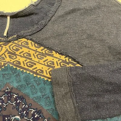 FREE PEOPLE Women Medium Blue & Yellow Tunic Sweater Raw Edge Cottagecore - Image 1 of 4