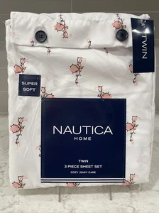 Nautica Home Pink Flamingo Christmas TWIN Size Sheet Set White Holiday Lights - Picture 1 of 4