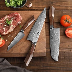 TBG 3 Knife Set Japanese Damascus Stainless Steel Kitchen Chef Santoku Utility - Picture 1 of 9