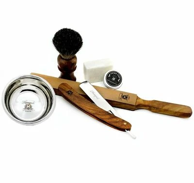 HARYALI LONDON Kit Rasatura Legno Taglio Dritto Rasoio Tasso Spazzola Strop Pasta Ciotola Blocco Alluminio