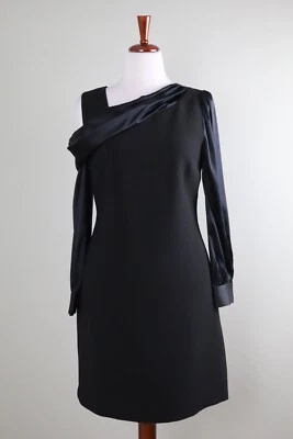 Vestido ELIE TAHARI $328 Negro Crepe Satinado Seda Drapeado Hombro Frío Talla US 10 Foto 1 de 4