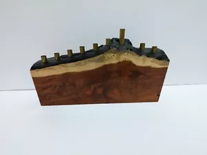Menorah Wood & Brass Hanukkah Judaica 10" x 6" -Signed by Artist - Picture 1 of 5