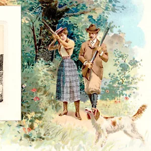 Tarjeta comercial publicitaria victoriana Lady Bird caza perro deportes 1900 Au Bon Marche - Imagen 1 de 10