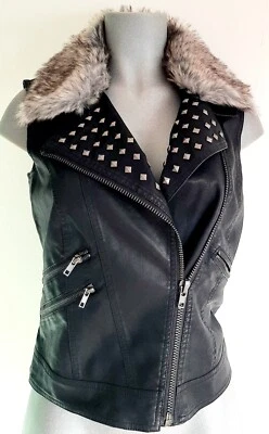 BRAVE SOUL BLACK PVC LEATHER LOOK STUDDED FAUX FUR COLLAR GILET WAISTCOAT  XS - Image 1 of 4