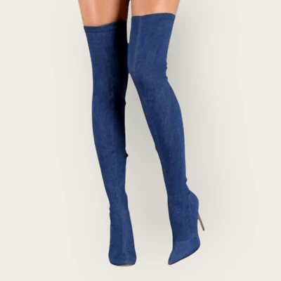 Liliana Womens Blue Denim Thigh High Stretch Stilettos Heels Zip Boots Size 10 - Image 1 of 4