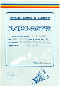 Rumänien, 1996, Rumänischer Badmintonverband Diplom - Bild 1 von 1