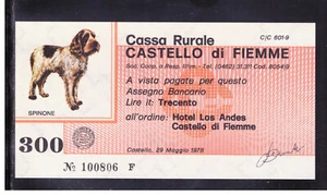 Mini-Scheck Landkasse Schloss Fiemme 300 Lire Hunde 29-5-1978  - Bild 1 von 1
