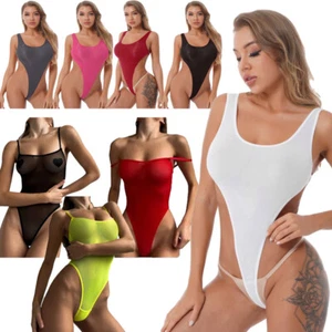 Woman Oil Glossy High Cut Bodysuit Swimsuit See-through One-piece Thong Leotard - Picture 1 of 103