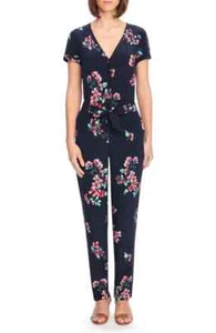 SEZANE Navy Floral Print V-Neck Silk Slim Leg Pant Jumpsuit 36 FR = 4 US = S 💙 - Picture 1 of 9