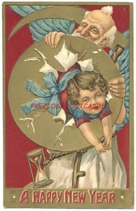 HAPPY NEW YEAR - FATHER TIME As ANGEL & Child, Hour Glass ca1910 Postcard - Picture 1 of 2