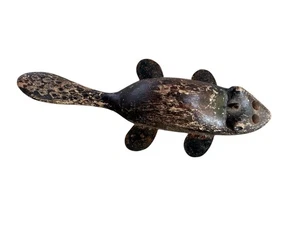 Large Vintage Carved Handmade Weighted Beaver Fishing Decoy w/ Tack Eyes Ice - Picture 1 of 7