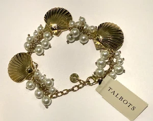 NWT TALBOTS Gold Tone Sea Shell Faux Pearl Charm Bracelet 7.5" - 8.5" Jewelry - Picture 1 of 7