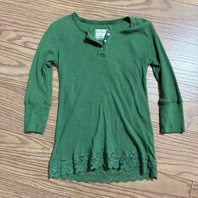 Camisa Henley Y2K Años 2000 Antigua Azul Marino Borde de Encaje Verde Calce Ajustado Para Mujer’s Grande Foto 1 de 4