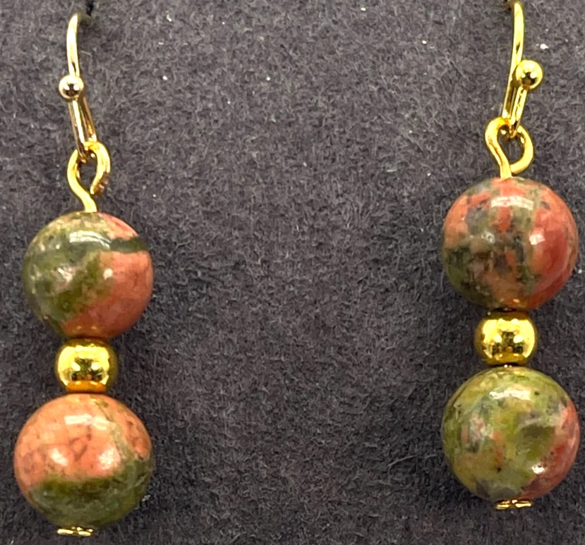 Earrings Gold Tone Hooks w/ Green & Orange Polished Unakite Crystals Drop = 1" - Image 1 of 4