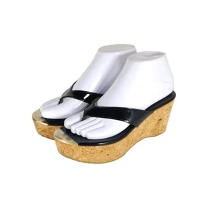 Jimmy Choo Women's Pathos Black 38 US7,5 Patent Leather Cork Thong Wedge Sandals - Picture 1 of 17